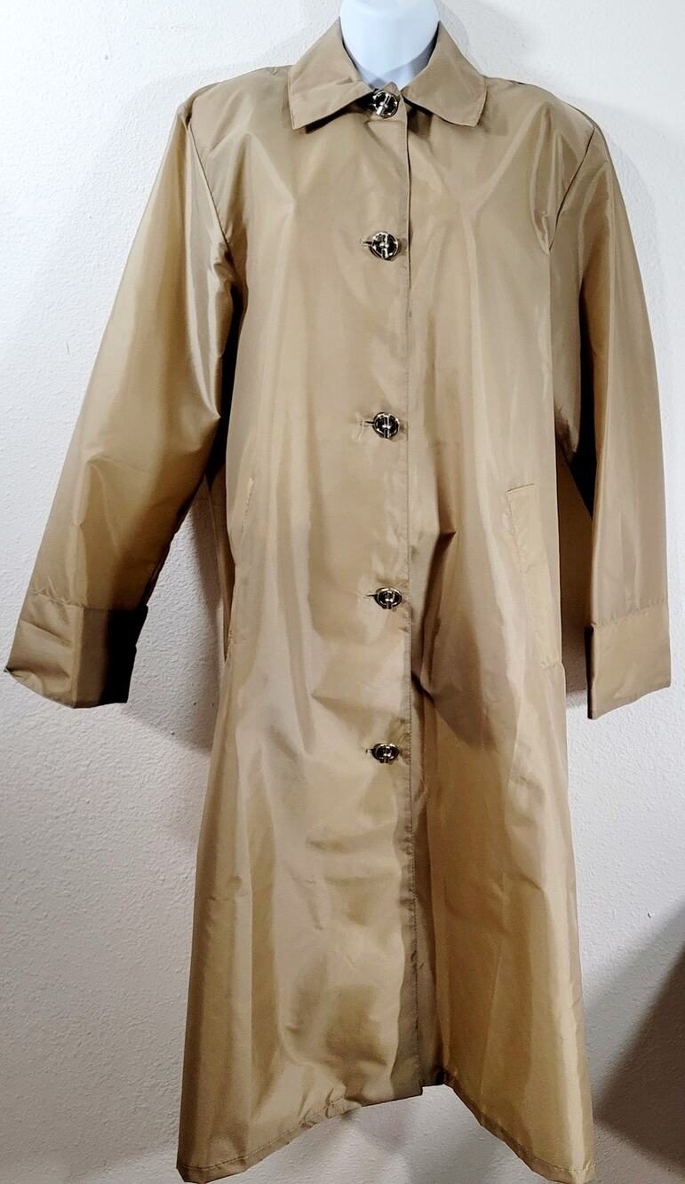 VTG Aqua Sheen Tan Brown Lightweight Raincoat Small Button Up Pocket Collard